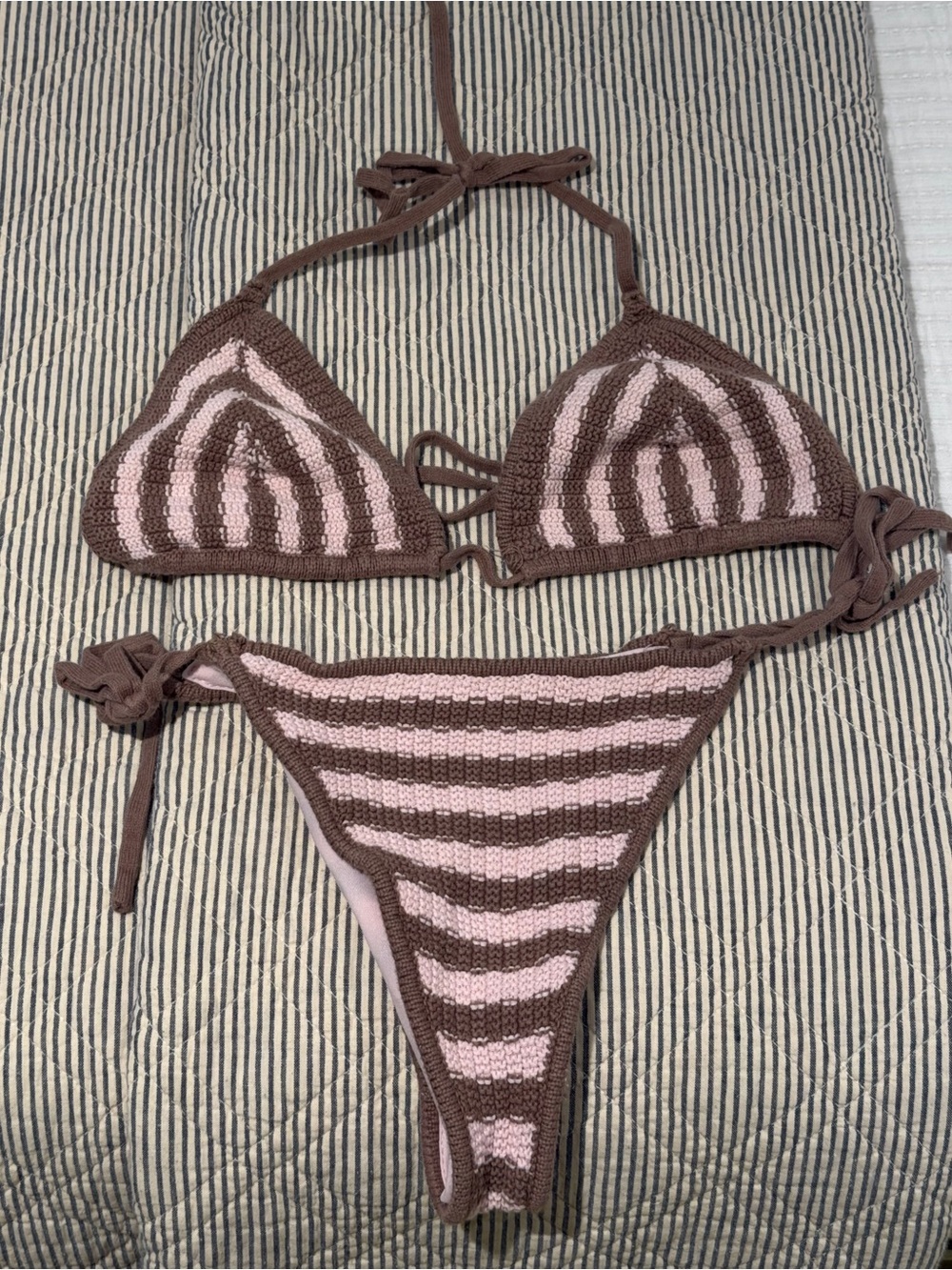PacSun Brown & Pink Striped Crochet Bikini (size small)